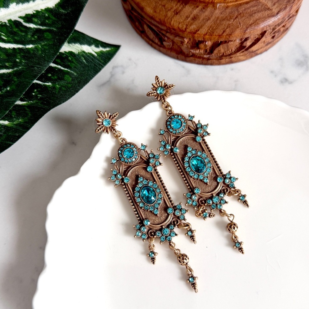 Art Deco Gold Teal Rhinestone Earrings Floral Ornate Vtg Style Jewelry Gift NEW